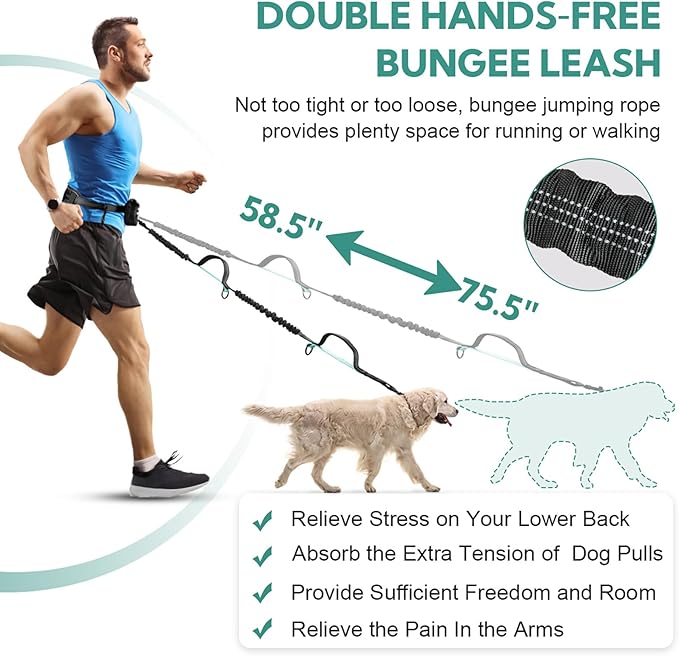 Hands Free Dog Leash with Pouch, Adjustable Waist Belt with Double Padded Handles, Waist Leash for Dog Walking Accessories, Olive