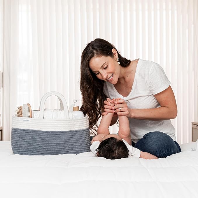 Comfy Cubs Rope Diaper Caddy Organizer 8.5" x 15" x 8" - Large Baby Diaper Basket with 3 Spacious Compartments - Stylish Cotton Baby Caddy Organizer for Diapers, Wipes & Essentials - Pacific Blue