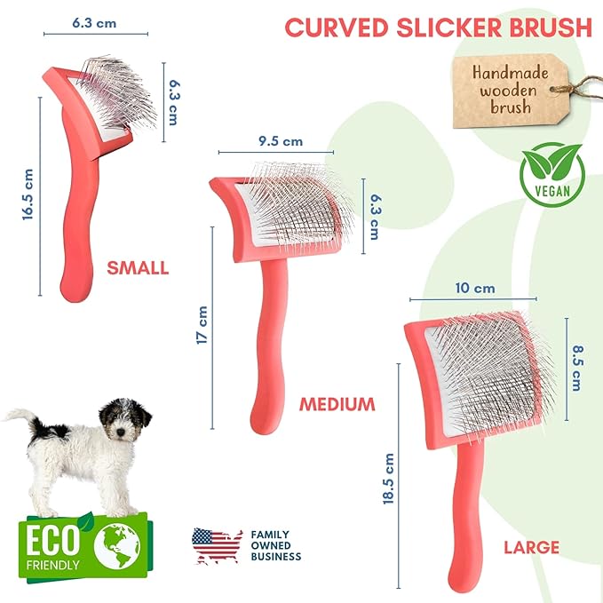 Pet Slicker Brush With Soft Massage Grooming Stainless Steel Pins - For Dematting, Shedding Fur, and Undercoat - Ideal Gift for Professional Pet Groomers - Long Slicker Brush (Coral, Curved Medium)