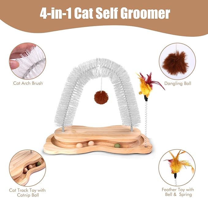 Cat Self Groomer Scratcher, Indoor Cats Rubbing Post Face Back Arch Grooming Massager Brush for Shedding with Kitten Interactive Catnip Ball Track Toy for Chasing Hunting Mental Physical Exercise