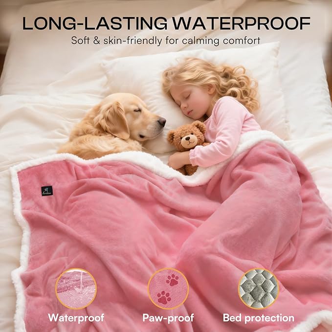 Luciphia Waterproof Bed Blanket Washable,Soft Sherpa Fleece Puppy Reversible Throw Blankets for Small Medium Dog Cat,Furniture Cover Protector Couch from Liquid Pee and Pet Fur,Pink White,57" x 40"