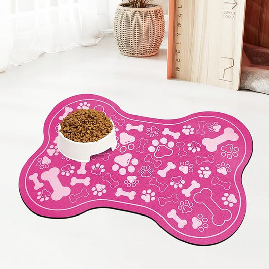 Dog & Cat Food Mat Bone Shaped Pet Feeding Mat Quick Absorb Water Bowl Placemat with Rubber Backing Indoor Floor Stain Resistant Pet Accessory Supplies (Pink, 16x24 Inches)
