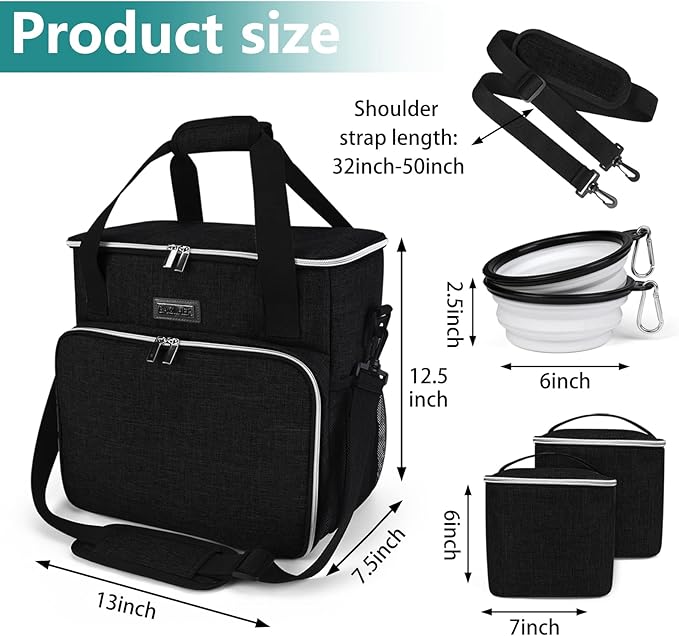 BAGLHER Dog Travel Bag, Pet Travel Bag (All Pet Travel Supplies), with 2 Pet Food Containers and 2 Collapsible Silicone Bowls; Essential Kits for Travel Black