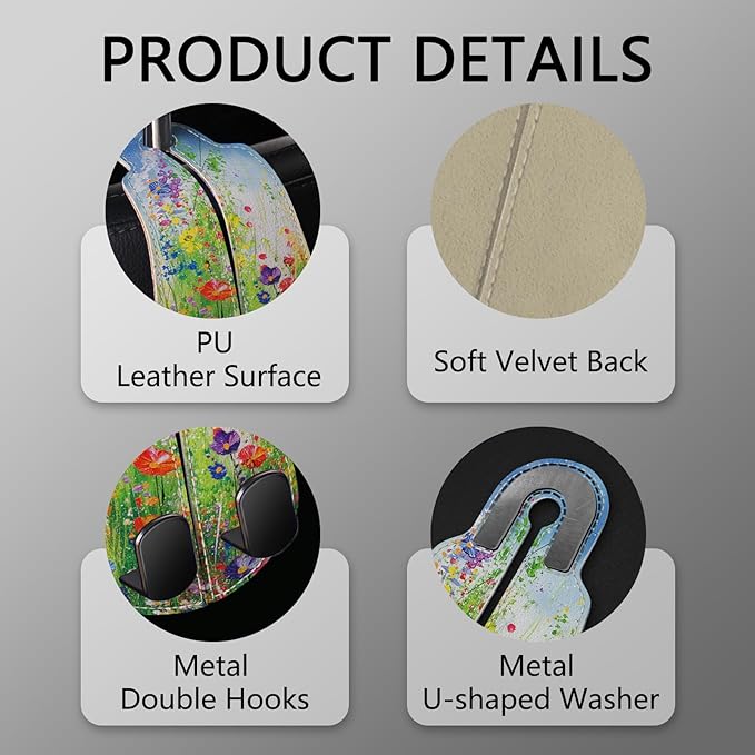Blusabaca 2PCS Car Seat Back Storage Headrest Hooks, Floral Spring Purse Holder Bags Hanger, PU Leather Double Metal Hook for Backseat Organizer, Women Car Accessories Organization