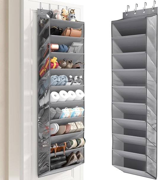 10 Tier Clear Over the Door Shoe Organizer with Deep Pockets, Door Shoes Rack with Hard Tube to Keep the Shape, Hanging Shoe Rack for Closet Organizers & Storage, Behind Door Shoe Holder Grey