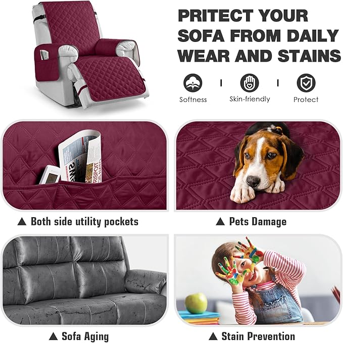 TAOCOCO 100% Waterproof Recliner Chair Cover Non-Slip Reclining Cover for Recliner Chair Washable Chair Seat Cover with Elastic Straps for Pets Sofa Slipcover with Pocket (Small 23'', Wine)