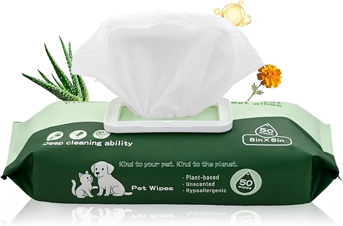 50 Pack Dog Wipes for Paws and Butt Unscented Hypoallergenic Pet Grooming Wipes Gentle Earth-Friendly Cleaning Wipes for Puppies, Kittens & Senior Pets Deodorizing Waterless Bathing Wipes