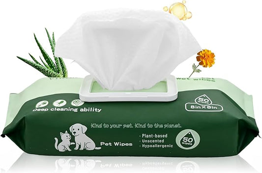50 Pack Dog Wipes for Paws and Butt Unscented Hypoallergenic Pet Grooming Wipes Gentle Earth-Friendly Cleaning Wipes for Puppies, Kittens & Senior Pets Deodorizing Waterless Bathing Wipes