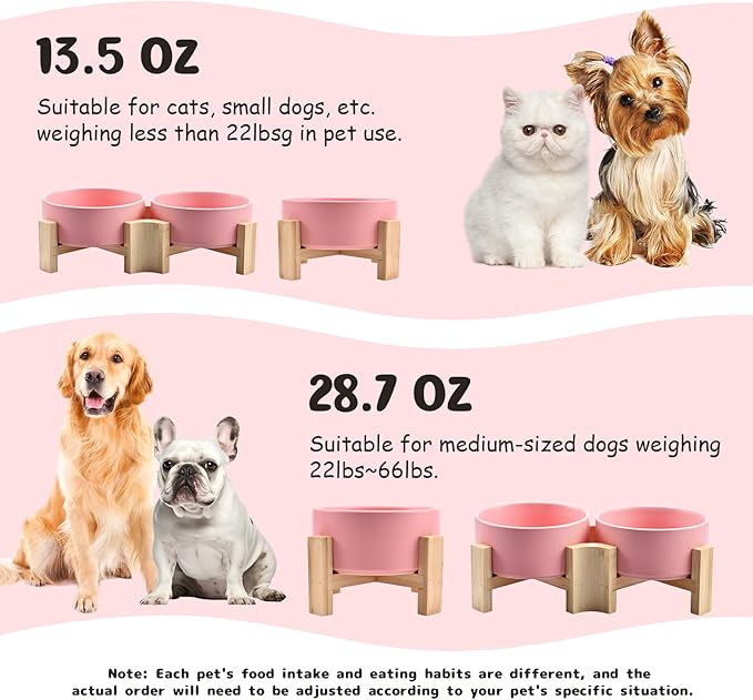 SPUNKYJUNKY 15° Slanted Ceramic Dog and Cat Bowl with Wooden Stand, Tilted Bulldog Food and Water Bowl No Slip Non-Spill for Cats Medium Dogs Big Face Pets 28.7 OZ (3.6 Cups,Pink)