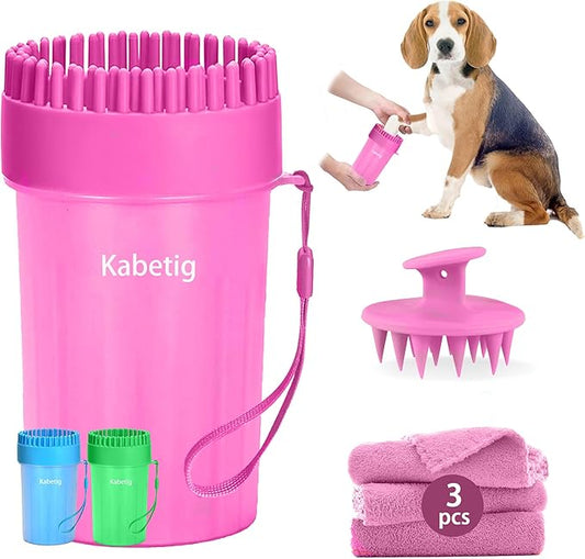 Kabetig Quick Clean Dog Paw Cleaner 5-in-1 Kit, Pink (Medium) - No Full Bath Needed, Post-Walk Paw Clean - with Silicone Bath Brush, 3 Microfiber Towels - Fits Corgi 1.2-2.5 In (3.05-6.35 cm)