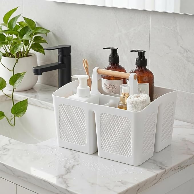 Haundry Plastic White Shower Caddy Basket with 3 Compartments, Portable Divided Bathroom Cleaning Caddy Organizer Storage Tote with Handle for Dorm, College, Room Essentials