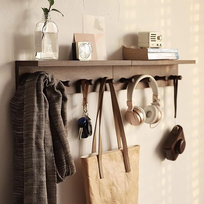 Entryway Coat Rack Hooks with Shelf, Sturdy Wooden Floating WallOrganizer Shelf with 4 Hooks siutable for Entrance, Mudroom, Kitchen, Bathroom,.etc(2pc-Walnut Finish)