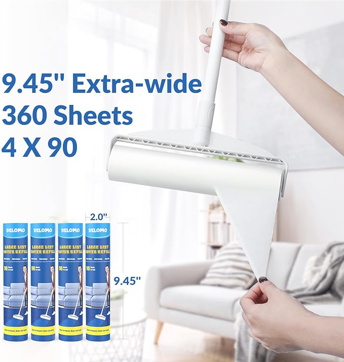 Large Lint Rollers for Carpet, Sticky Rollers for Floor DELOMO 9.45 in with 3 Extendable Handle, Long Handle Sticky Mop for Cleaning Carpets, Cars, Clothing, and Pet Hair