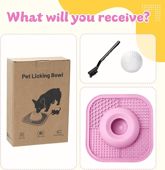 Slow Feeder Dog Bowls & Lick Mat for Liquid and Thick Treat, Anti-Slip Dog Lick Bowl with Interactive Rolling Ball, 5/6 Cup Pup Licking Toy for Large Medium Small Dogs and Cats Pink