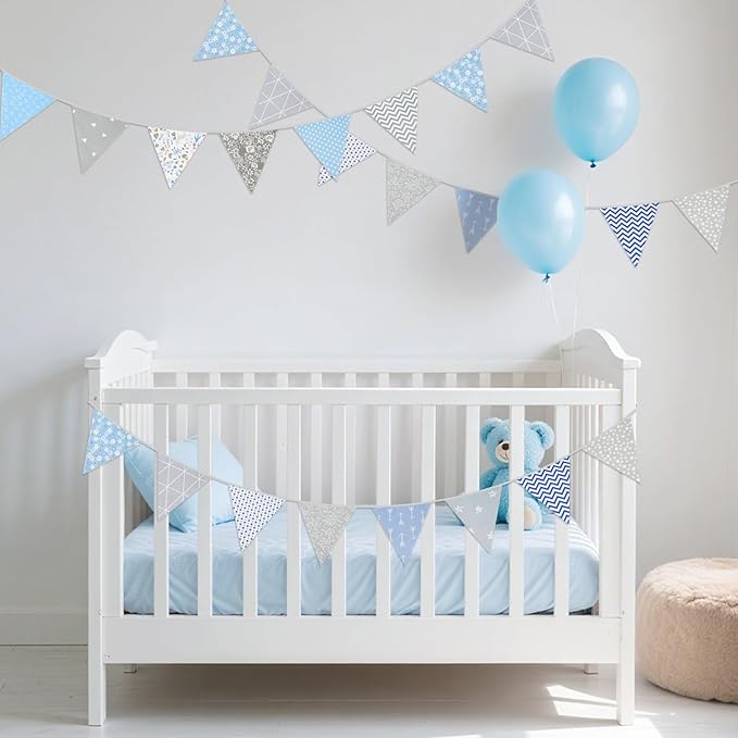 G2PLUS 39Ft Triangle Bunting Banner, 42pcs Cotton Pennant Banner, Grey Blue Reusable Floral Triangle Flags Party Decoration for Birthday, Wedding, Baby Shower, Room Decor