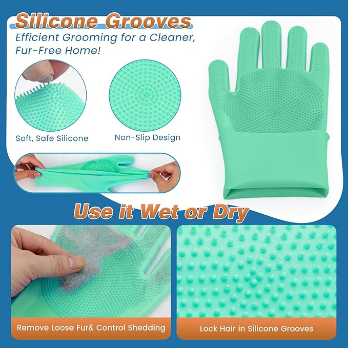 MIYIJHY 7-Piece Pet Grooming Kit with Storage Bag | Portable Bathing Set for Dogs & Cats | Includes Silicone Gloves, Deshedding Brushes & Finger Toothbrushes | All-in-One Pet Care (Sage Green)