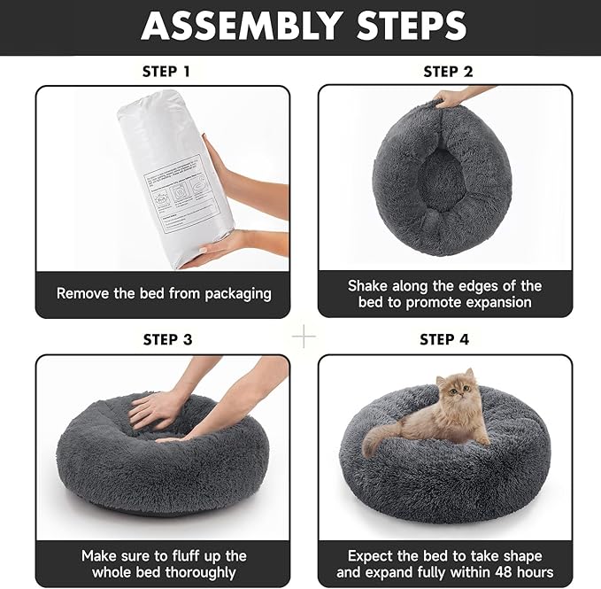 OhGeni Calming Donut Cat Bed Pillow for Small Pets, Machine Washable Removable Cover, Comfort Plush Fluffy Faux Fur with Anti-Slip Bottom, Dogs-Friendly Round Cuddly Design, Gray, 20 inches