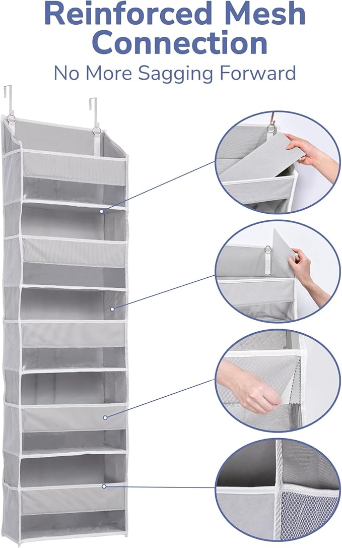 ULG 1 Pack Over Door Organizer with 5 Large Pockets 10 Mesh Side Pockets, 44 lbs Weight Capacity Hanging Storage Organizer with Clear Window for Kids Toys, Shoes, Diapers, Grey, 5 Layer