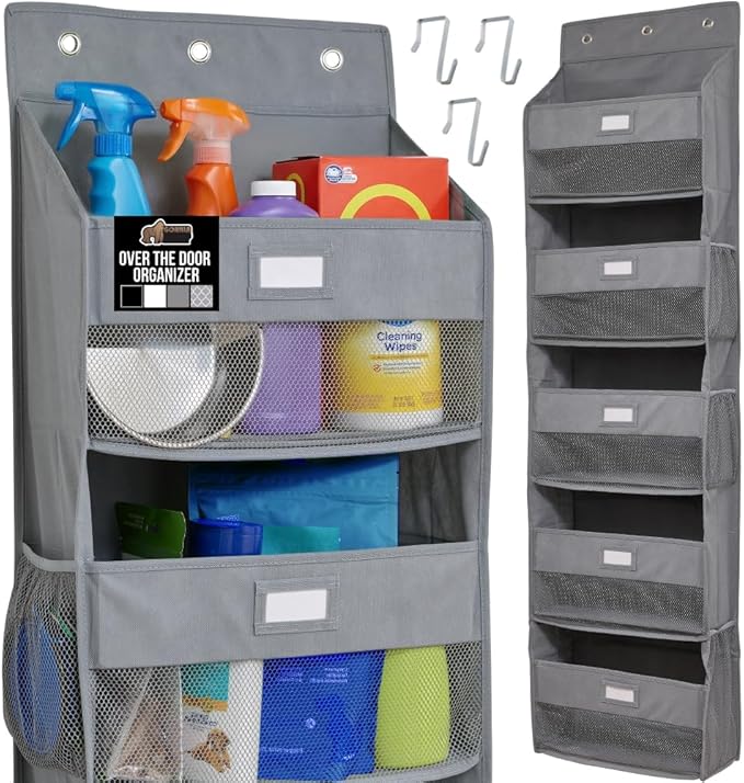 GORILLA GRIP Large Capacity Closet Organizer, 5 Deep Shelves, Holds 50lbs, Over the Door Organizers 6 Mesh Pockets, Shelf Storage for Clothes Crafts Dorm Essentials, 3 Metal Hooks, 58x15 Inches, Gray