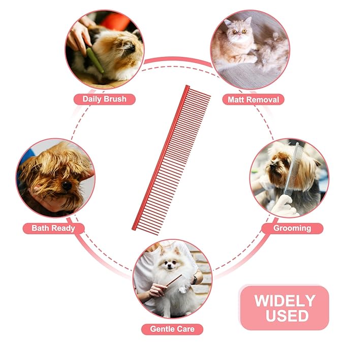 PETAXCELL Dog Cat Comb, Pet Combs Stainless Steel Teeth with Rounded Ends for Knots Mats Loose Hair Removal, 6.5/7.5IN (Red Coated, 2 Pack), Grooming Tool Intended for Long Curly Hair Pet