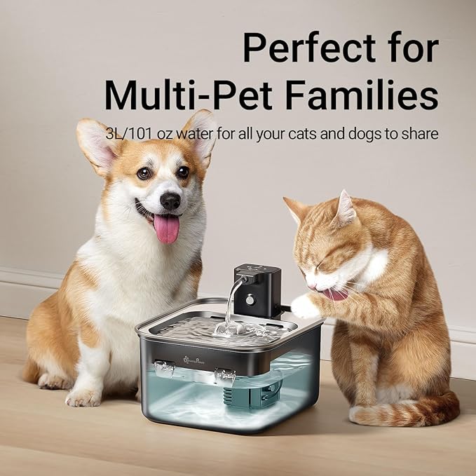 DownyPaws Cat Water Fountain Stainless Steel Cordless, 101 oz/3L FurSink Wireless Cat Water Dispenser for Pets, Battery Operated Pet Drinking Fountain with Motion Sensor, Easy Clean, Black