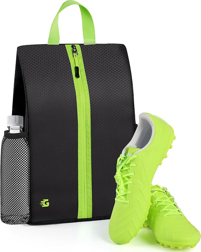 Smell Proof Shoe Bags for Travel-Soccer Cleat Bag Smell Proof with Active Carbon Fabric | Odor-Absorbing Water-Resistant Track Shoe bags for Sports (Black with Green, UP TO US14)