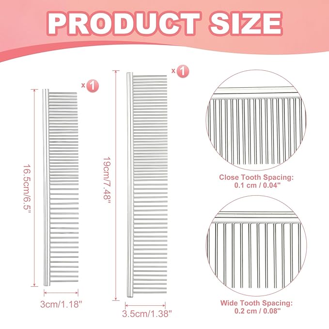 PETAXCELL Dog Cat Comb, Pet Combs Stainless Steel Teeth with Rounded Ends for Knots Mats Loose Hair Removal, 6.5/7.5IN (Silver, 2 Pack), Grooming Tool Intended for Long Curly Hair Pet