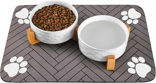 Dog Bowls Set with Wood Stand & Mat Waterproof, 1.5 Cups Ceramic Dog Bowls Elevated for Small Dogs, Dual Food and Water Bowls with Weighted Non-Slip Base 13.5 OZ