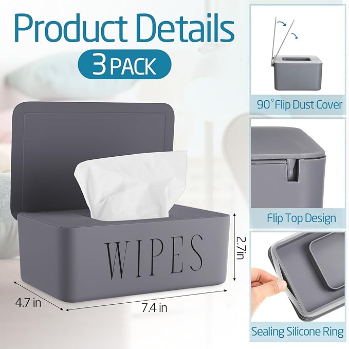 Singhoow 3 Pack Baby Wipes Dispenser Holder Wipe Container for Bathroom with Lid Toilet Tissue Paper Storage Refillable Box for Home Office Cars(Small,Black, White, Gray)