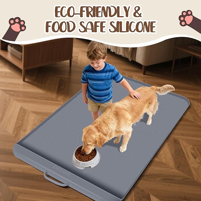 Dog Food Mat with Collection Pocket, 42''x28'' Extra Large Silicone Pet Feeding Mat for Food and Water, Waterproof Anti-Slip Dog Mat with Edge and Handle, Pet Placement for Floor (Dark Grey)