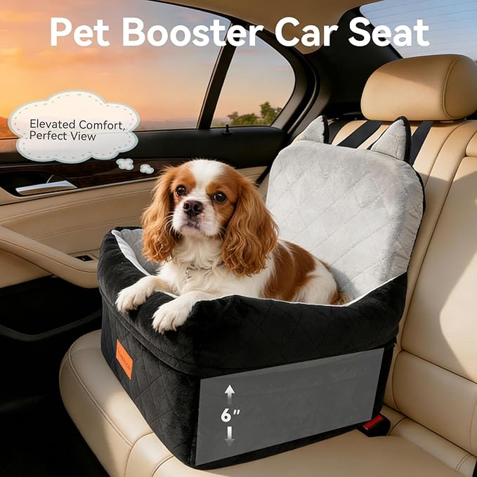 CABZOON Dog Car Seat for Small/Medium Dogs Up to 35lbs,Elevated Cushion Fits in Front/Back Seat,Travel Safety Per Car Bed with Washable Removable Cover, Storage 2 Pockets Black-Grey