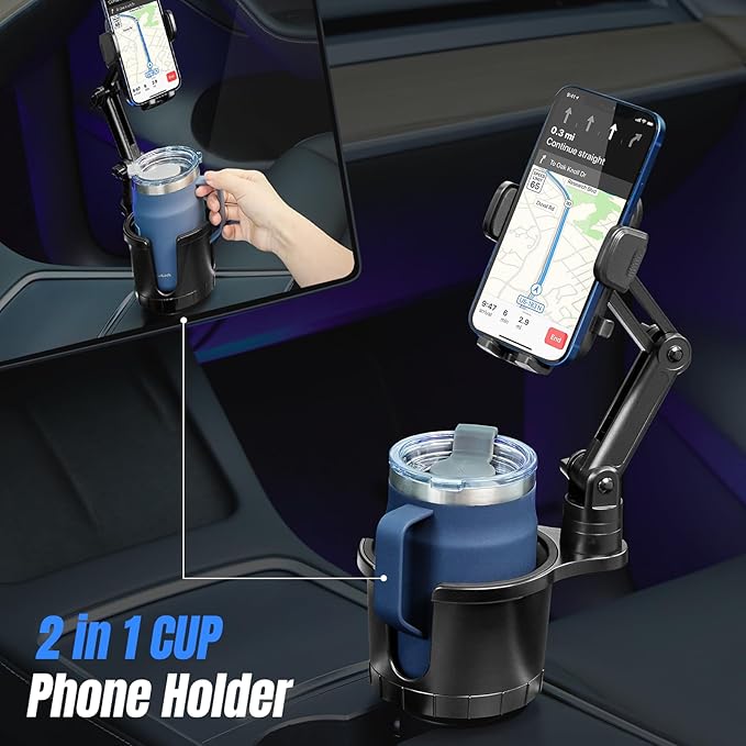This Hill 2-in-1 Car Cup Phone Holder Expander with Adjustable Base, 360 Rotation, Compatible with iPhone, Samsung & All Smartphones up to 7" (Black)