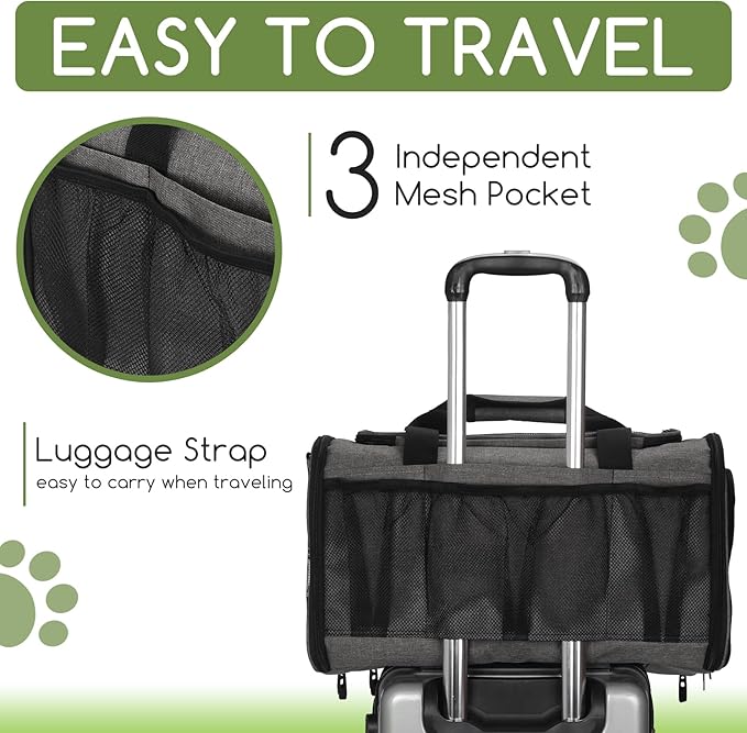 Pet Carrier for Cats & Small Dogs, Travel Carrier with Anti-Collapse Support, Chew Resistant Buckles, Luggage Sleeve, Multi-Pocket Storage, Reversible Mat & Bowl (Gray, Medium (17.5"x11"x11.5"))