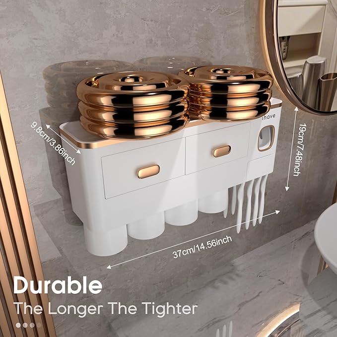 iHave Toothbrush Holders Wall Mounted with Toothpaste Dispenser & 4 Cups - Premium White and Gold Design for Bathroom Decor, All-in-One Bathroom Organizers & Storage for Toothbrushes and Accessories