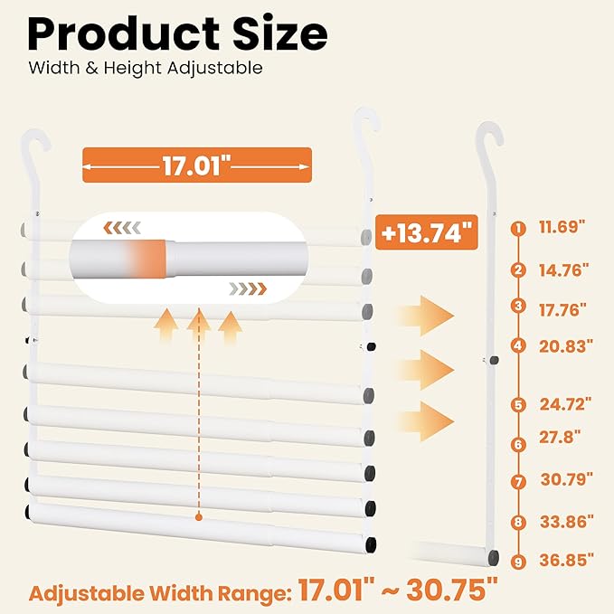 2 Pack Stepless Extender Closet Hanging Rod - Heavy Duty Closet Rods for Hanging Clothes, Adjustable Width & Height, Space-Saving White Closet Organizer for Hanging & Drying, Easy to Install