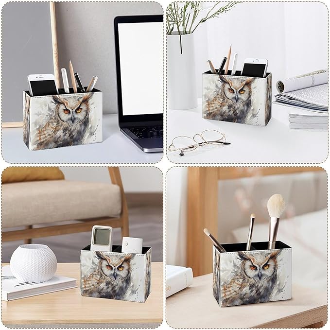 Famame Splash Owl Orange Eyes Pencil Holder for Desk, Leather Desktop Container Pen Cup Storage Study Table Pen Organizer Makeup Brush Holder for Classroom Office Home