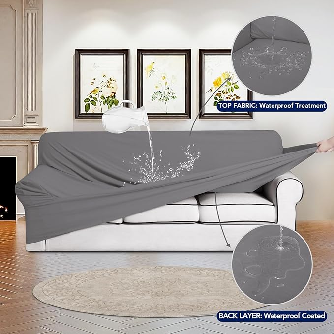PureFit 100% Dual Waterproof Couch Cover Slipcovers for Couches and Sofas - Stretch Non Slip Fleece Sofa Covers Washable, Leakproof Furniture Protector for Kids, Pets (Oversized Sofa, Light Gray)