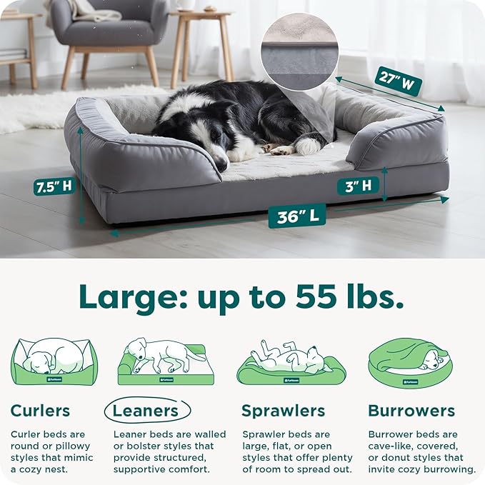 Furhaven Cooling Gel Dog Bed for Large/Medium Dogs w/ Removable Bolsters & Washable Cover, For Dogs Up to 55 lbs - Plush & Velvet Waves Perfect Comfort Sofa - Granite Gray, Large