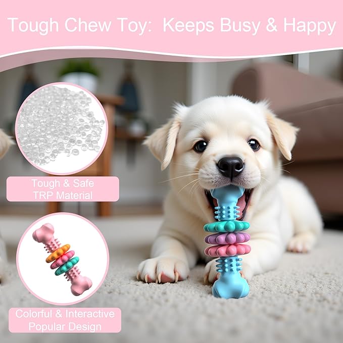 Puppy Teething Toy, Indestructible Dog Chew Toys for Aggressive Chewers, Interactive Bone Dog Toy for Small & Medium Breeds, Tough Puppy Toys to Keep Them Busy and Clean Teeth (Pink)