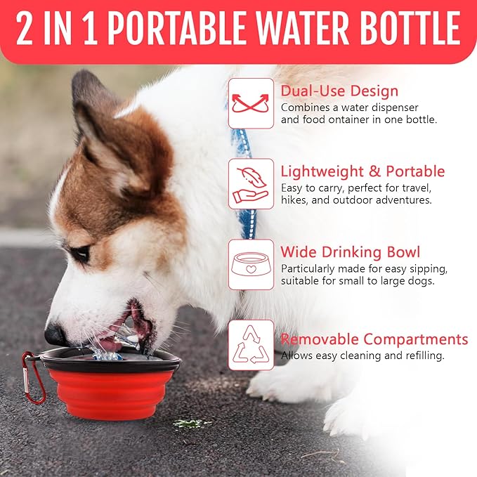 Dog Travel Water Bottle W/Collapsible Bowls - Portable 2 in 1 Leakproof Pet Water Bottle Food Container Ideal for Travel, Outdoor Portable Water Bowls for Walking, Camping & Hiking - (Red)