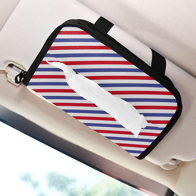 Car Tissue Holder Car Napkin Holder Car Tissue Box Dispenser Storage Case Sun Visor Mask Holder with Adjustable Straps Reusable Refillable Red and Blue Stripes