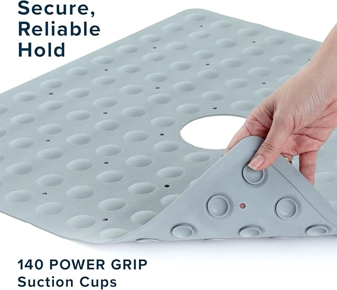 SlipX Solutions Square Natural Rubber Shower Stall Mat, 21” x 21”, Non Slip Safety, Built-in Product Protection, 140 Power Grip Suction Cups, Center Drain Hole, Gray