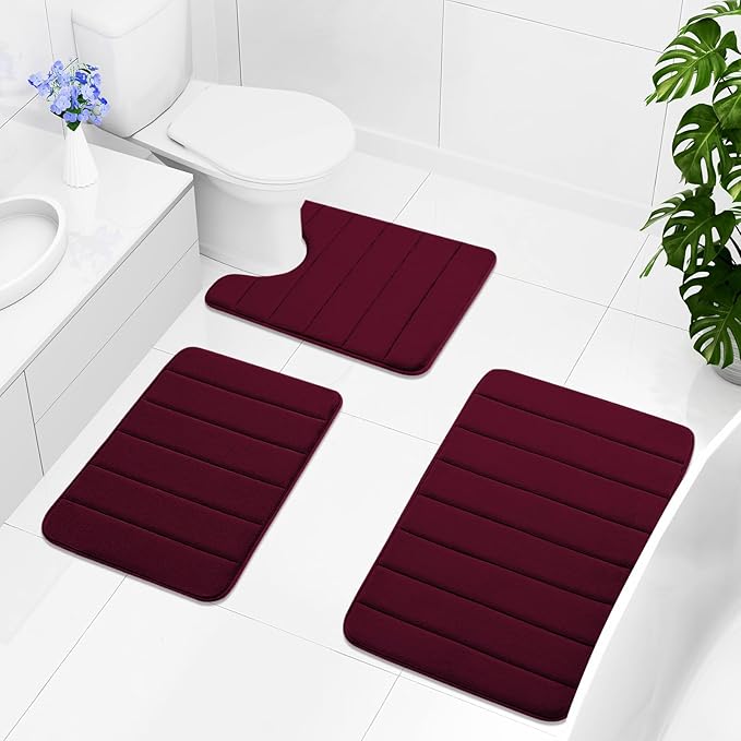 Buganda Memory Foam U-Shaped Contour Toilet Rugs, Non Slip Absorbent, Thick Soft Washable Bathroom Mat, Floor Carpet Bath Rugs Mat for Toilet Base (24" x 24", Burgundy)