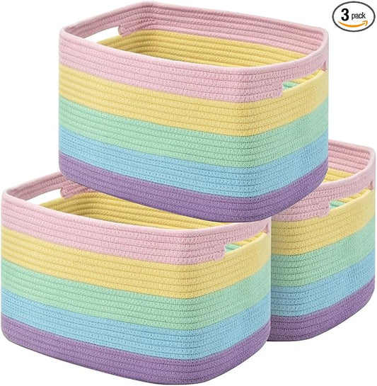 Storage Basket,Woven Baskets for Storage,Cotton Rope Baskets for Organizing,decorative Baskets for Shelves,book Basket,towel Basket,Toy Basket or Storage Bins (Light Rainbow)