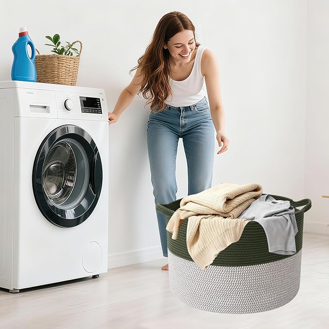 65L Extra Large Woven Cotton Rope Blanket Basket with Handles, Laundry Hamper Storage Bin for Pillows, Comforters,Clothes, Toys, Nursery, Bedroom and Living Room Organization,Green&White