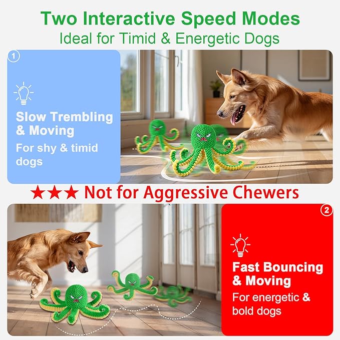 Qraxond Interactive Dog Toys Octopus,Durable Automatic Jumping Dog Toy to Keep Them Busy,Squeaky Moving Tug of War Doggie Toy,USB Rechargeable,Not for Aggressive Chewers (Green)