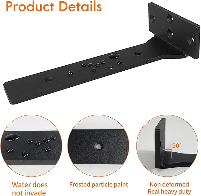 Floating Shelf Brackets, 8 inch Heavy Duty Industrial Shelf Bracket, Black Metal L Brackets for Shelves Support DIY with Hardware(6 Pack)