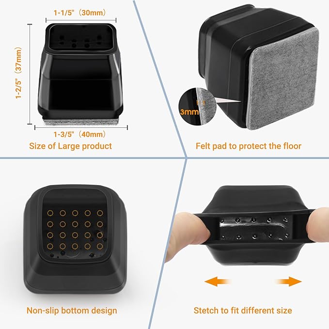 36Pcs Black Square Chair Leg Floor Protectors, High Elastic Felt Furniture Pads for Hardwood Floors, Silicone Floor Protectors for Chairs, Chair Leg Caps Covers Socks (Transparent, Large)
