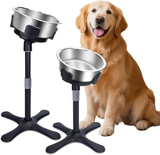 Elevated Dog Bowl, Adjustable Stand Heights and Width, Non-Slip Foot Mats, Tilting Raised Dog Bowls with Metal Knob for Small, Medium and Large Dogs Breed (2 Pack), Black