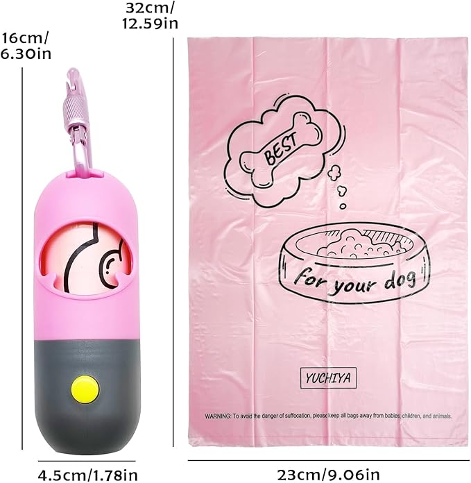 Dog Poop Waste Bags Holder with LED Flashlight|Cute Doggie Poo Bags Dispenser for Pet Leash|Trash Waste Bags Carrier with Potty Bags Clip Fastener LR44 Button Cells Included(2 Pack) (Pink)